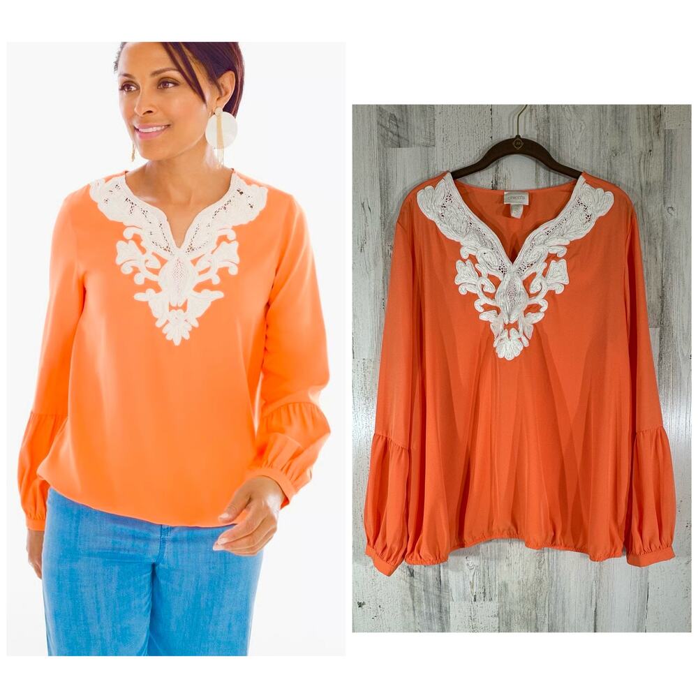 Chicos Top Size 3 or XL Orange Vneck Appliqué Elastic‎ Hem Flowy